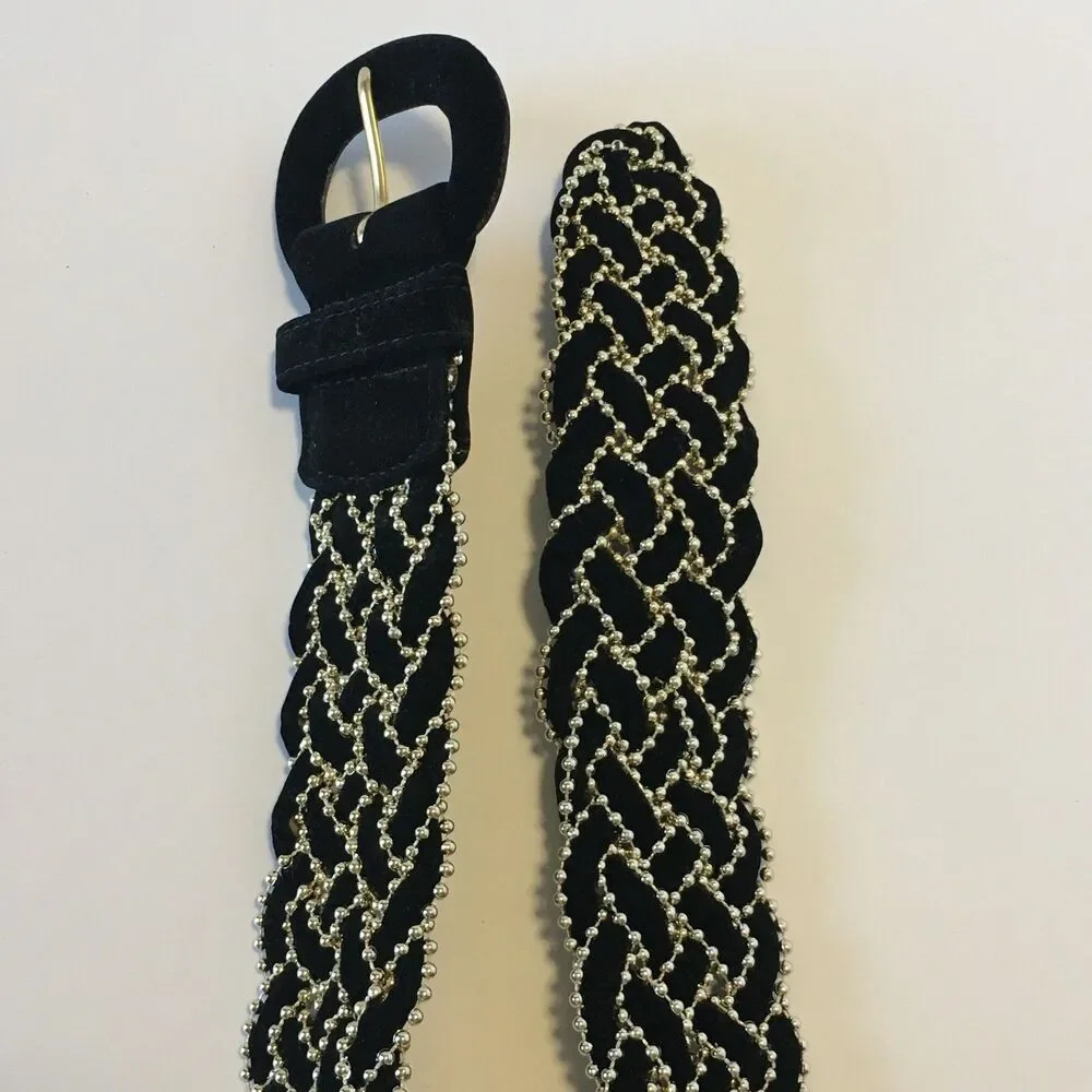 Vintage Amanda Smith Womens Belt Black Felt and Thin Gold Beading Woven Size S/M